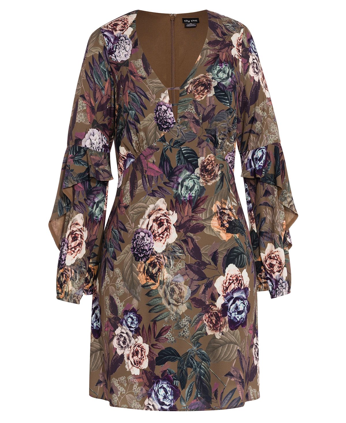 Vestido curto feminino City Chic, moderno, plus size, com babados, mangas curtas, estampa floral, preto, tamanho M/18