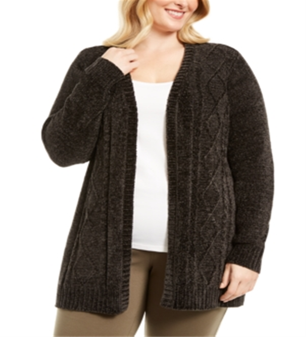 Karen Scott Cardigan Feminino Plus Size Aberto Frente Chenille Preto Tamanho 2X