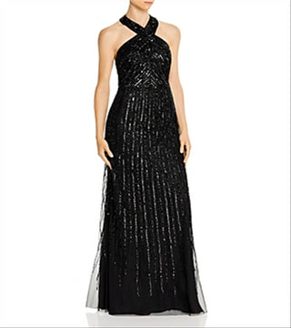 Adrianna Papell Women's Beaded Halter Gown Black Size 12