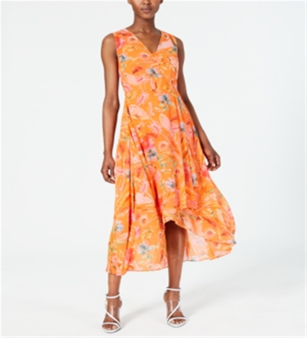 Vestido longo Calvin Klein feminino com estampa floral, comprimento longo e decotado, laranja, tamanho 8