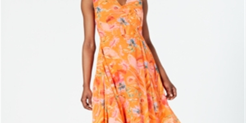 Vestido longo Calvin Klein feminino com estampa floral, comprimento longo e decotado, laranja, tamanho 8