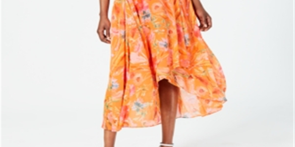 Vestido longo Calvin Klein feminino com estampa floral, comprimento longo e decotado, laranja, tamanho 8