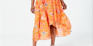 Vestido longo Calvin Klein feminino com estampa floral, comprimento longo e decotado, laranja, tamanho 8