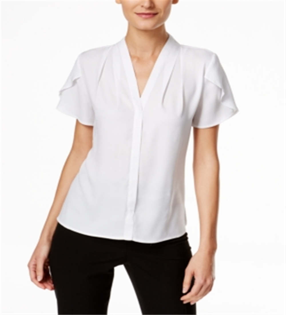Blusa Calvin Klein Feminina com Babados e Manga Caplet, Branca, Tamanho P