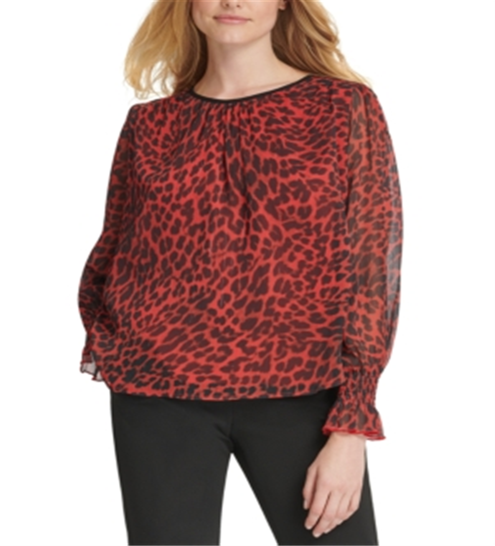 Blusa feminina DKNY com zíper e estampa animal, manga comprida, gola redonda, vermelha, tamanho extragrande