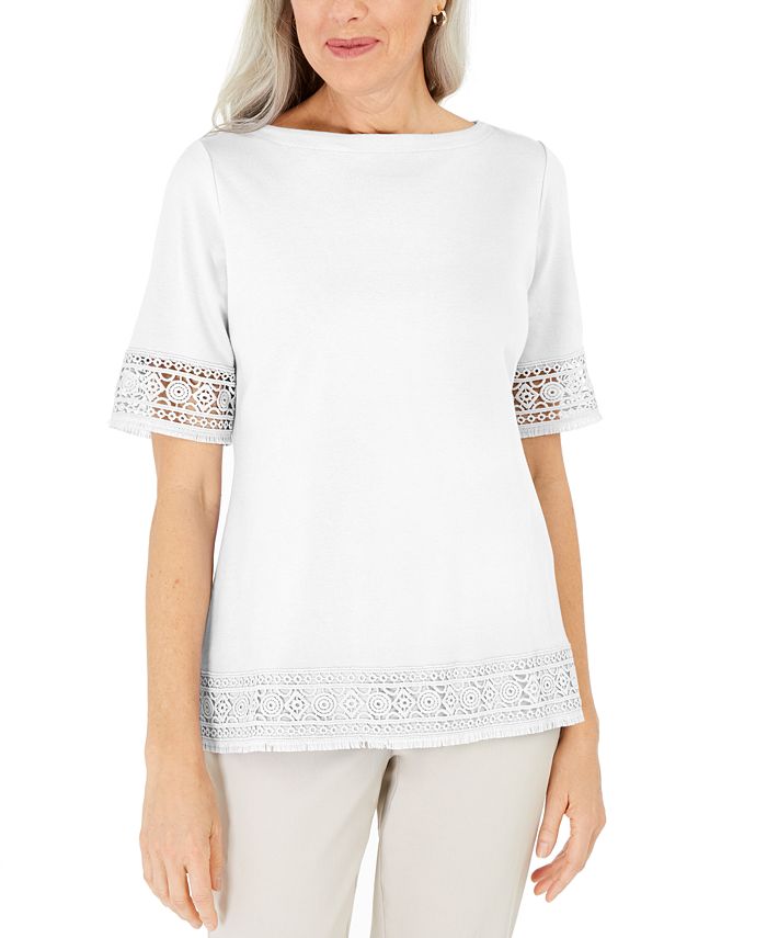 Karen Scott Blusa Feminina de Crochê com Franjas em Algodão, Branca, Tamanho M