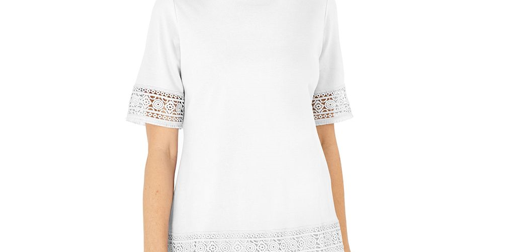 Karen Scott Blusa Feminina de Crochê com Franjas em Algodão, Branca, Tamanho M