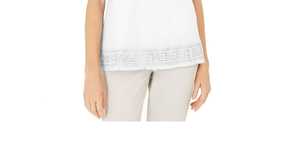 Karen Scott Blusa Feminina de Crochê com Franjas em Algodão, Branca, Tamanho M