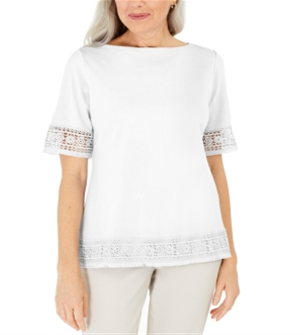 Karen Scott Blusa Feminina de Crochê com Franjas em Algodão, Branca, Tamanho M