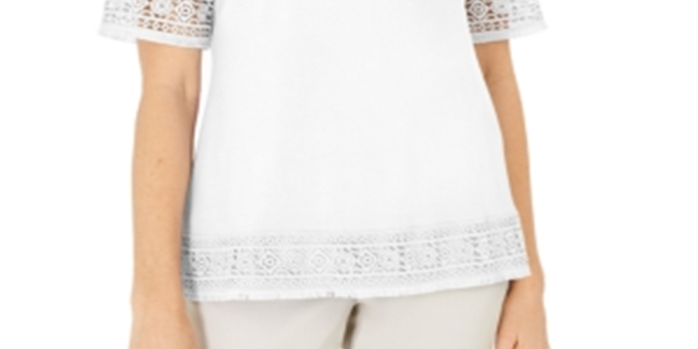 Karen Scott Blusa Feminina de Crochê com Franjas em Algodão, Branca, Tamanho M