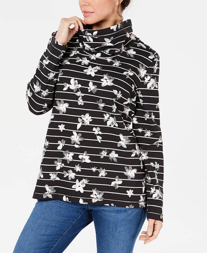 Karen Scott Blusa feminina listrada com estampa floral e gola funil, preta, tamanho pequeno GG
