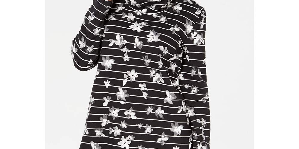 Karen Scott Blusa feminina listrada com estampa floral e gola funil, preta, tamanho pequeno GG