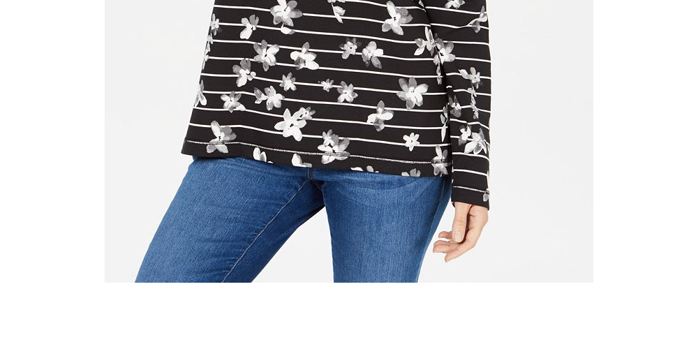 Karen Scott Blusa feminina listrada com estampa floral e gola funil, preta, tamanho pequeno GG