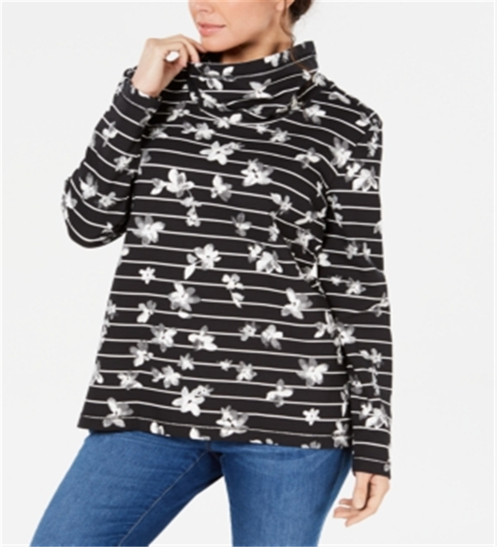 Karen Scott Blusa feminina listrada com estampa floral e gola funil, preta, tamanho pequeno GG