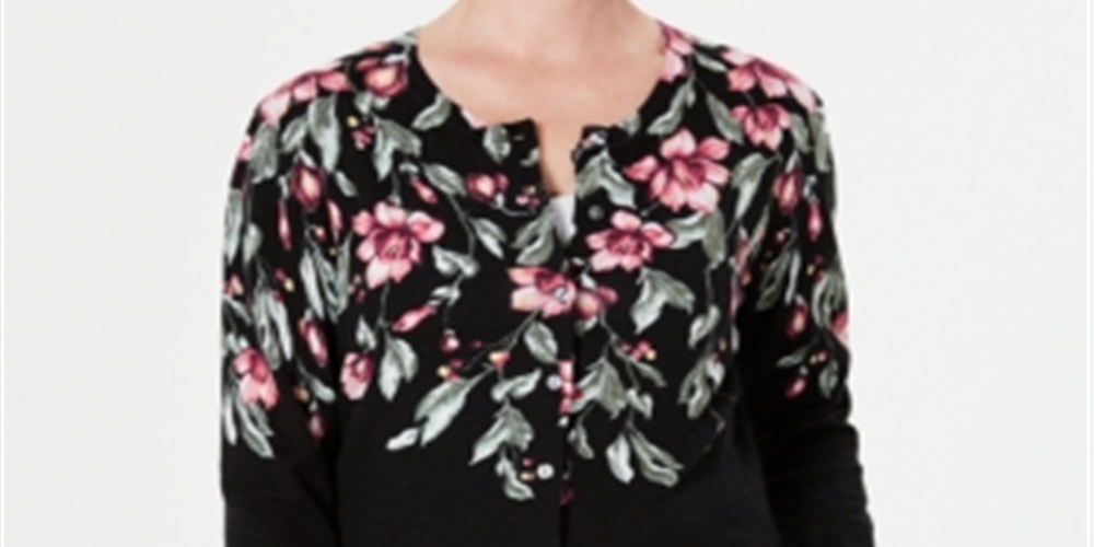 Karen Scott Cardigan Feminino Estampado Floral Preto Tamanho Pequeno P/M
