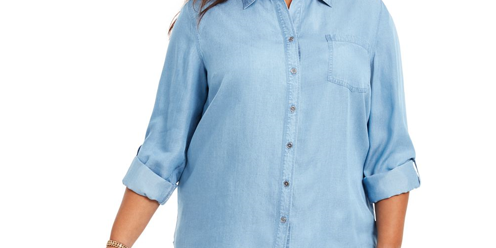 Camisa de botões feminina estilo &amp; co plus size chambray azul tamanho 4X