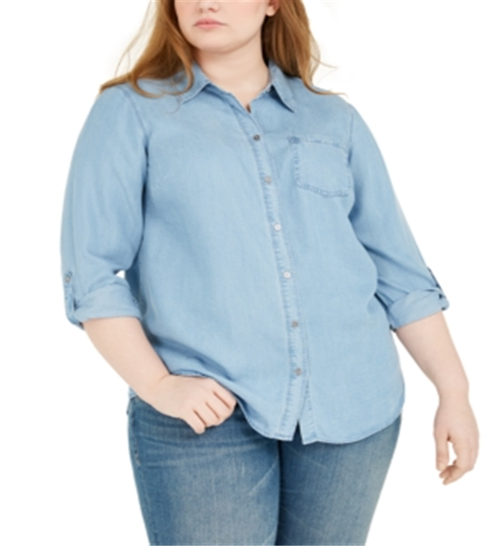 Camisa de botões feminina estilo &amp; co plus size chambray azul tamanho 4X