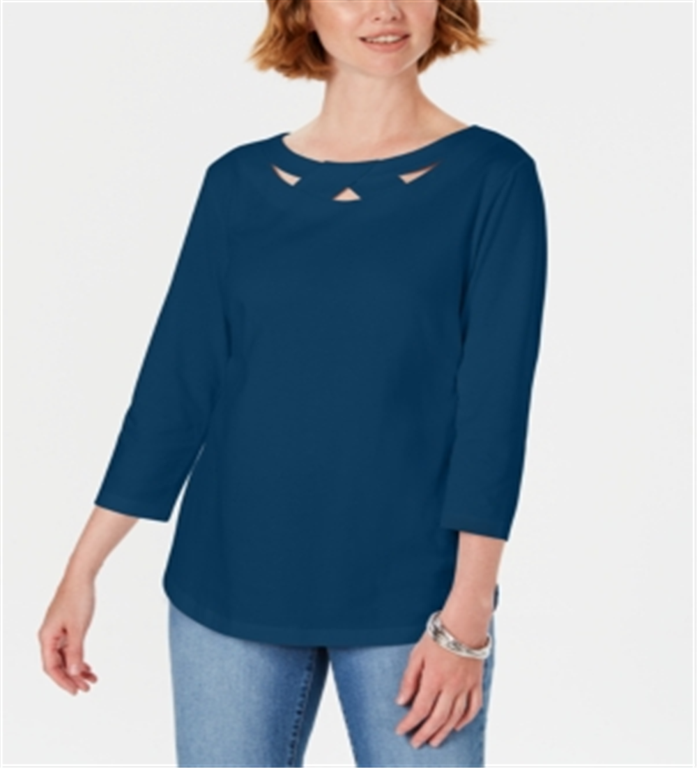 Karen Scott Blusa Feminina Manga Três Quartos Recortada Azul Tamanho XS