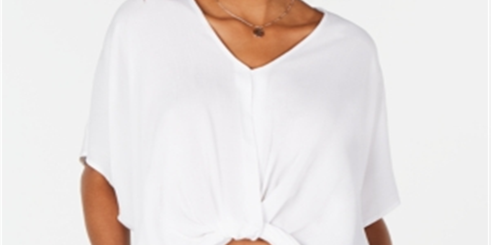 Polly &amp; Esther Blusa casual feminina com nó frontal e manga dolman, branca, tamanho XS