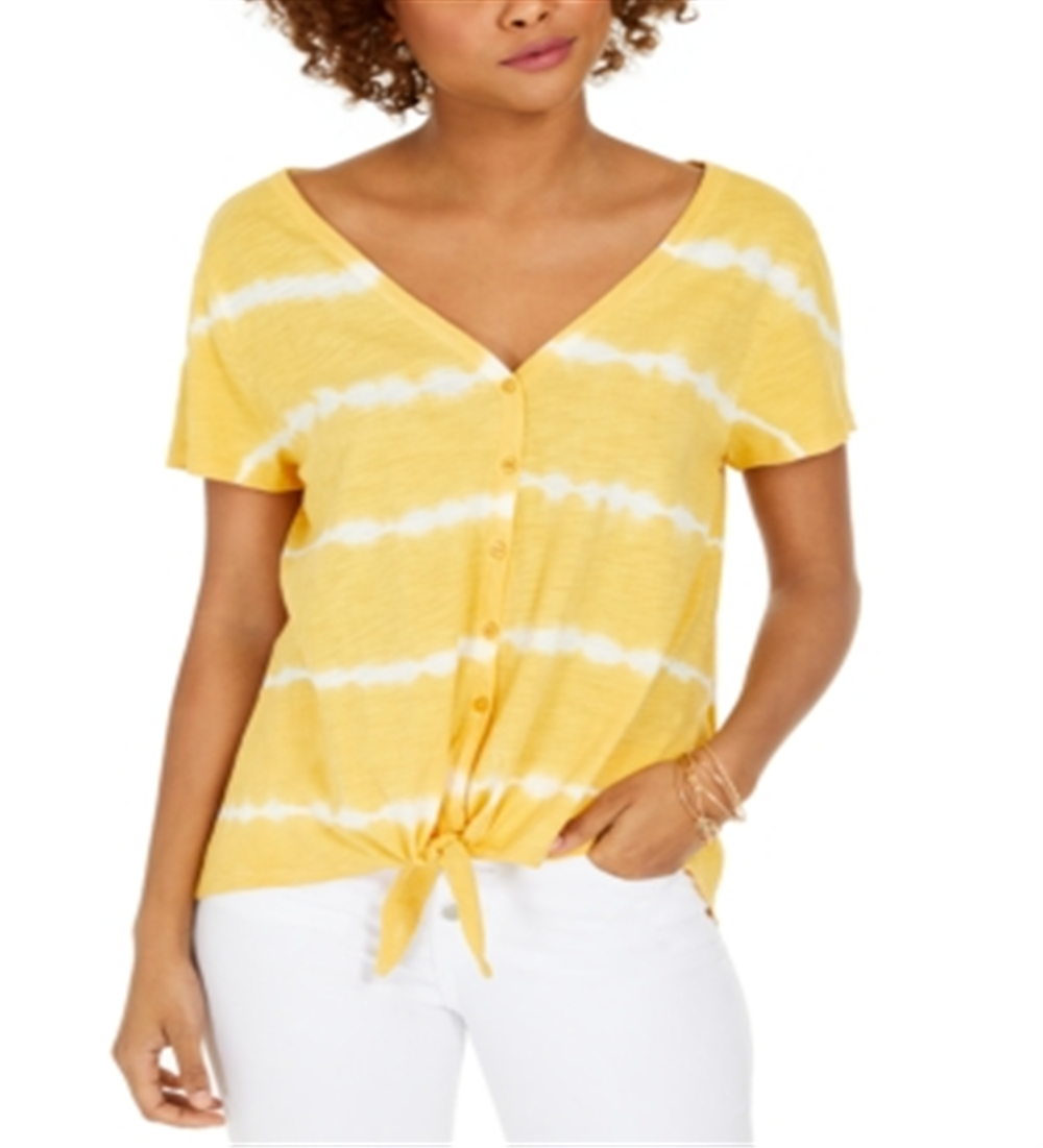 Blusa Tie-Dye Tie-Front com estampa de tie-dye da Style &amp; Co, amarela, tamanho XS