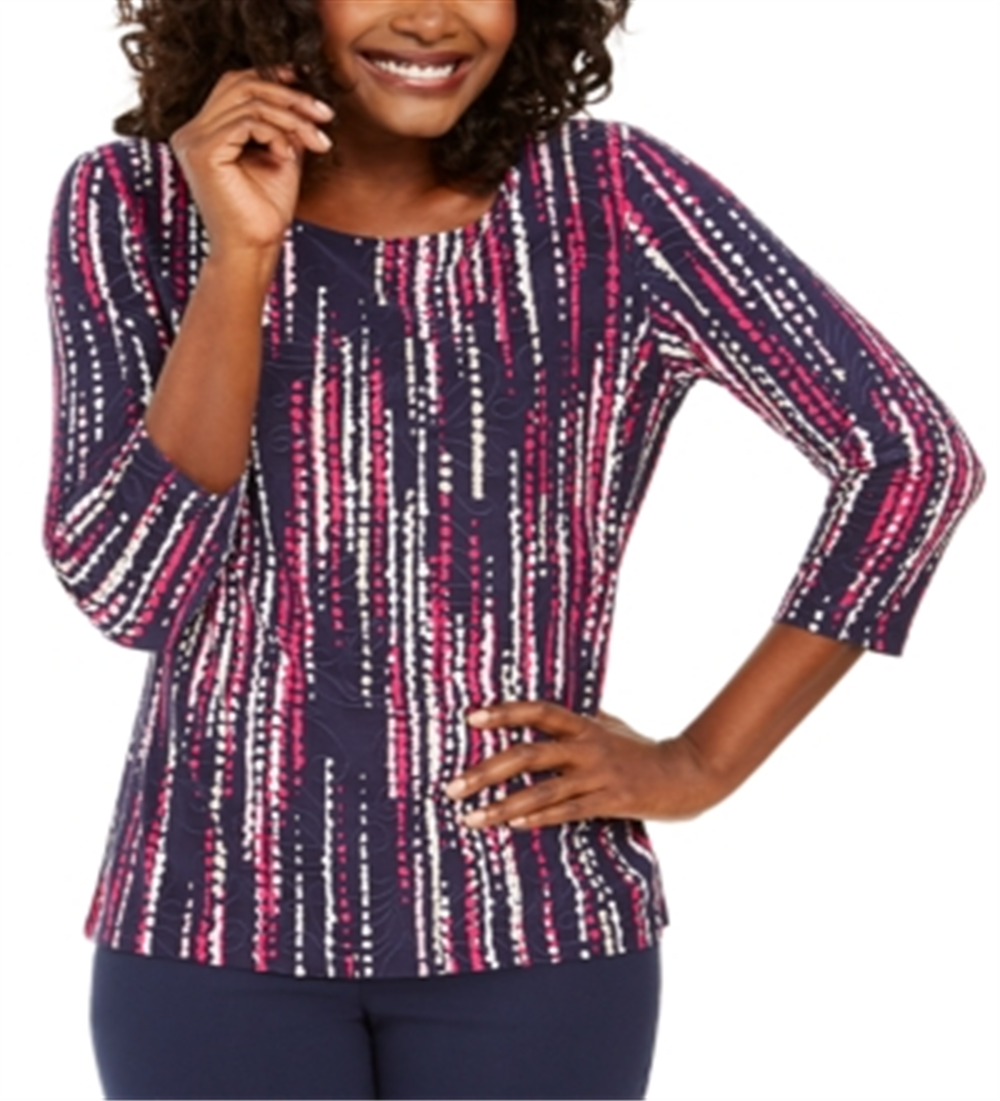 Camiseta feminina jacquard manga 3/4 da coleção JM, azul, tamanho pequeno