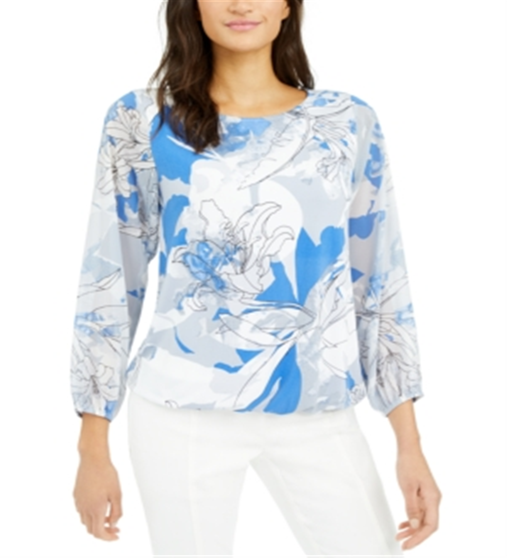 Blusa feminina Alfani com decote redondo e estampa floral, azul, tamanho pequeno