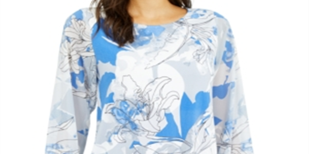 Blusa feminina Alfani com decote redondo e estampa floral, azul, tamanho pequeno