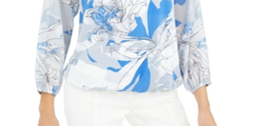 Blusa feminina Alfani com decote redondo e estampa floral, azul, tamanho pequeno