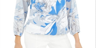 Blusa feminina Alfani com decote redondo e estampa floral, azul, tamanho pequeno
