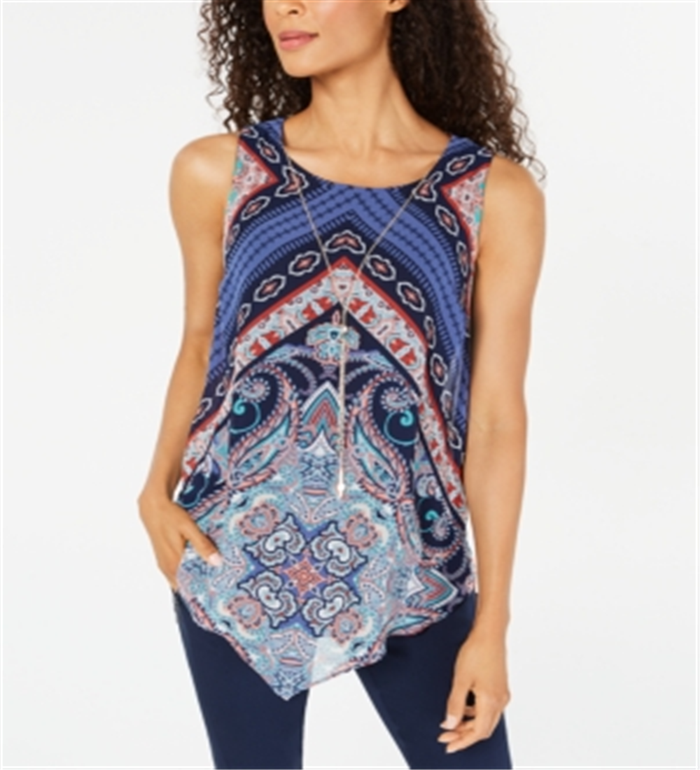 Top estampado feminino JM Collection com bainha pontuda, azul, tamanho pequeno G
