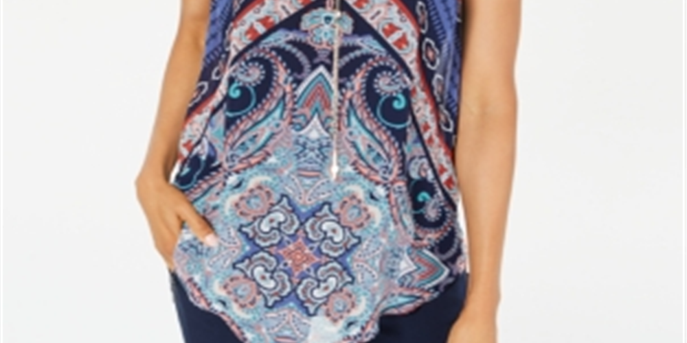 Top estampado feminino JM Collection com bainha pontuda, azul, tamanho pequeno G