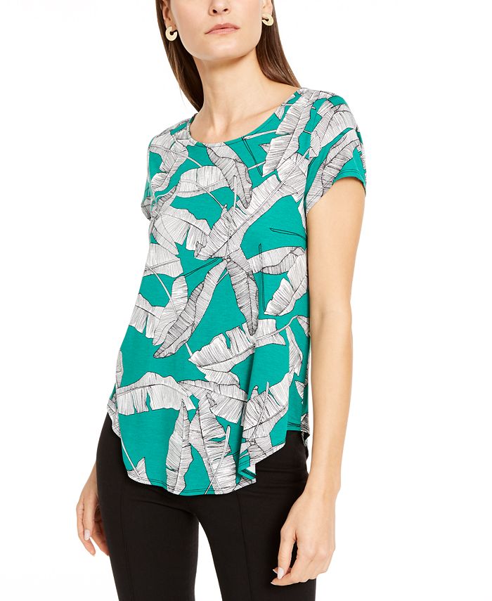 Camiseta feminina Alfani estampada com bainha redonda, verde, tamanho pequeno GG