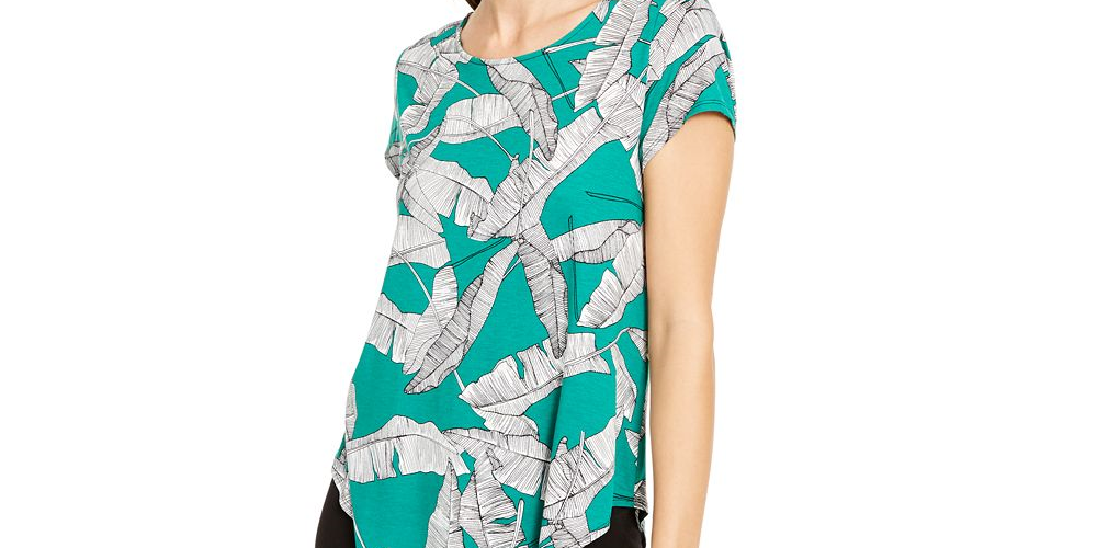 Camiseta feminina Alfani estampada com bainha redonda, verde, tamanho pequeno GG
