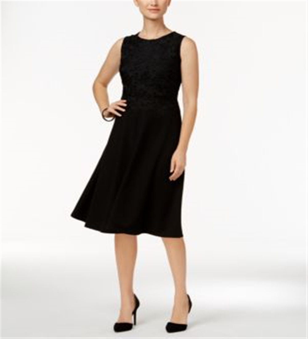Vestido feminino Charter Club com ajuste evasê e renda, preto, tamanho G