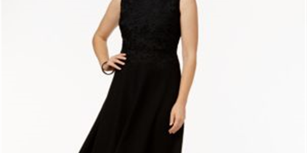 Vestido feminino Charter Club com ajuste evasê e renda, preto, tamanho G