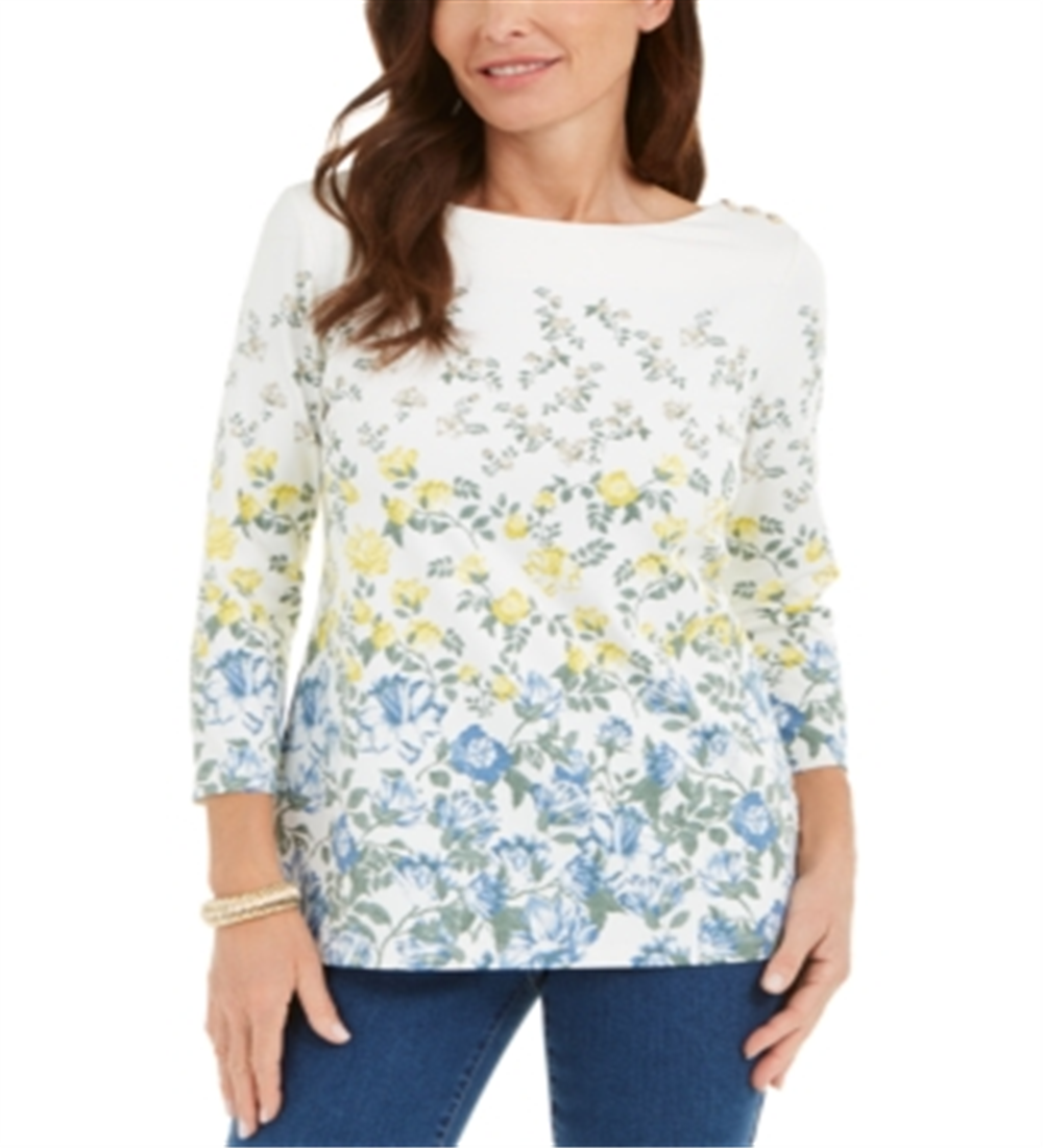 Charter Club Blusa feminina com estampa floral e decote canoa, branca, tamanho pequeno