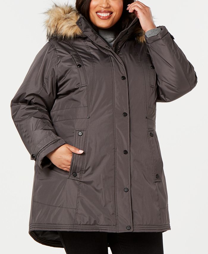 Parka Madden Girl Plus com capuz e acabamento em pele sintética, cinza, tamanho 3XL
