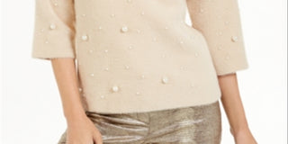 Suéter Alfani Feminino com Pérolas Sintéticas Espalhadas, Marrom, Tamanho Pequeno P/M