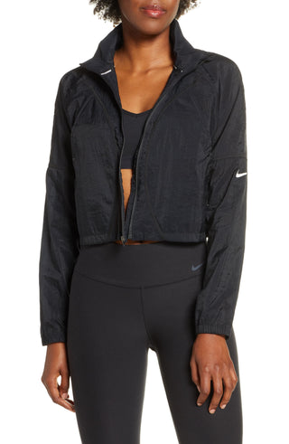 Jaqueta de corrida curta translúcida feminina Nike, preta, tamanho XS
