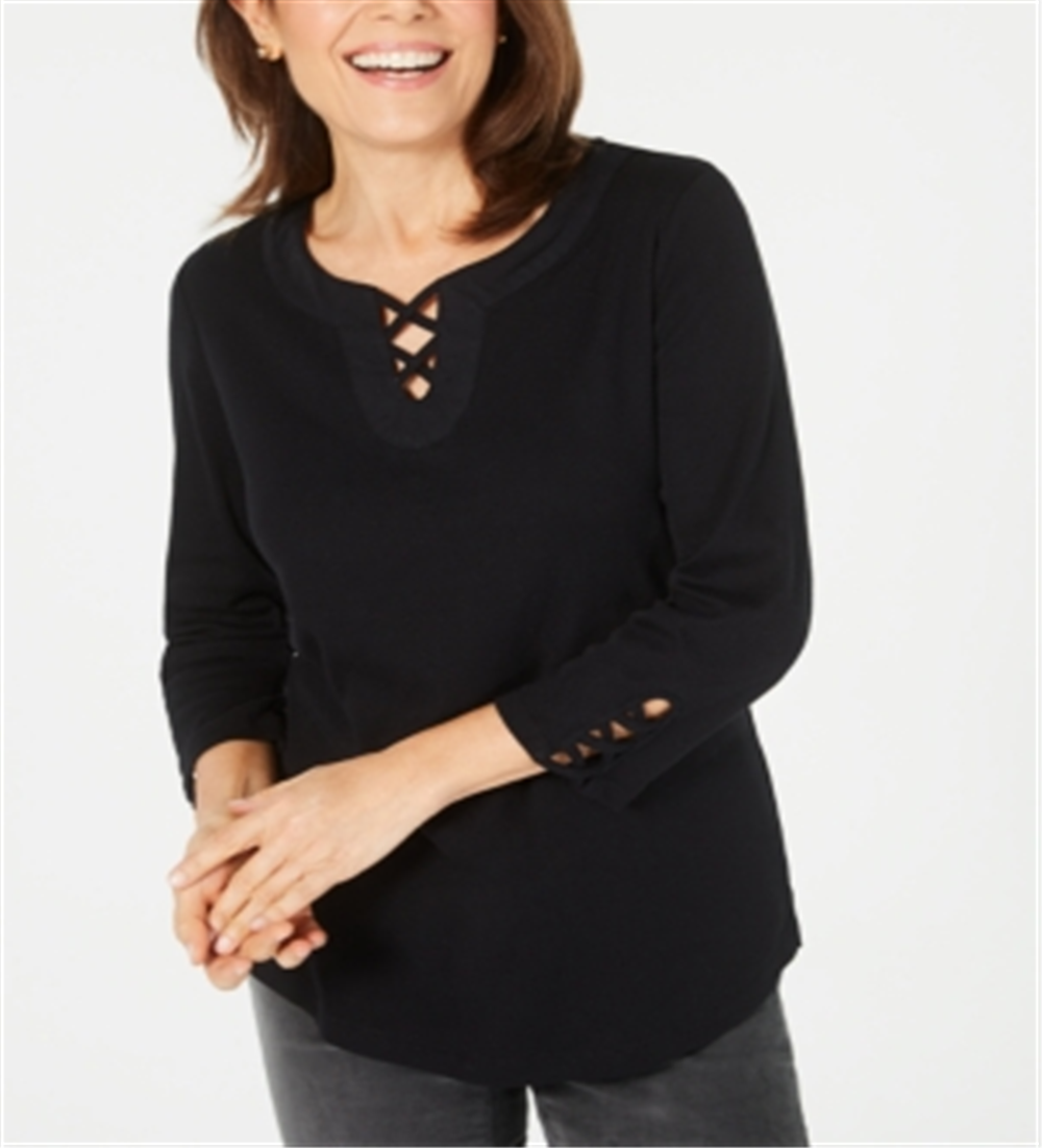 Karen Scott Top de algodão feminino com cadarço, preto, tamanho pequeno P/M