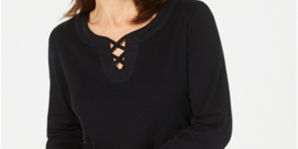 Karen Scott Top de algodão feminino com cadarço, preto, tamanho pequeno P/M