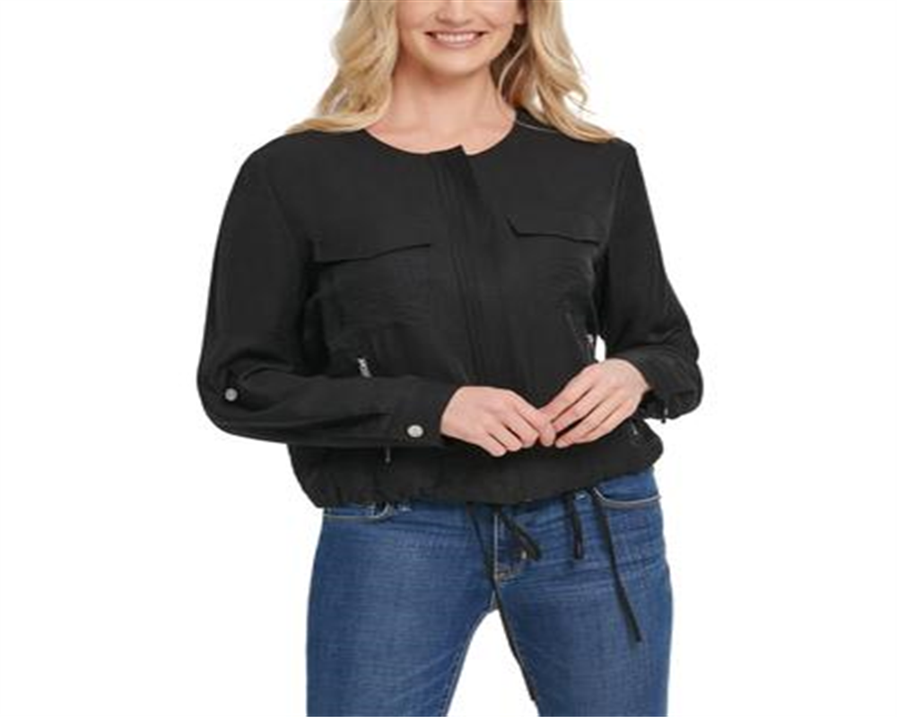 Jaqueta feminina DKNY com zíper frontal e aba enrolada, preta, tamanho médio