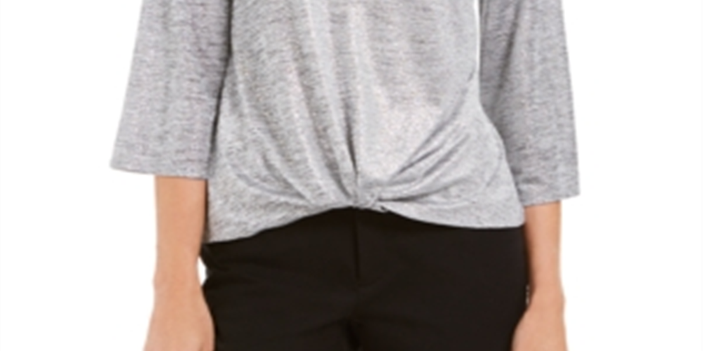 JM Collection Top feminino metálico com bainha torcida, prateado, tamanho pequeno G