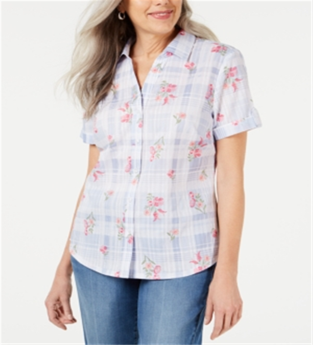 Karen Scott Blusa Feminina Petites Floral Xadrez com Botões Azul Tamanho 44