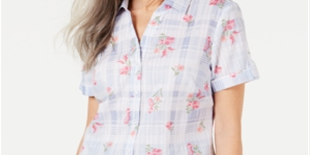 Karen Scott Blusa Feminina Petites Floral Xadrez com Botões Azul Tamanho 44