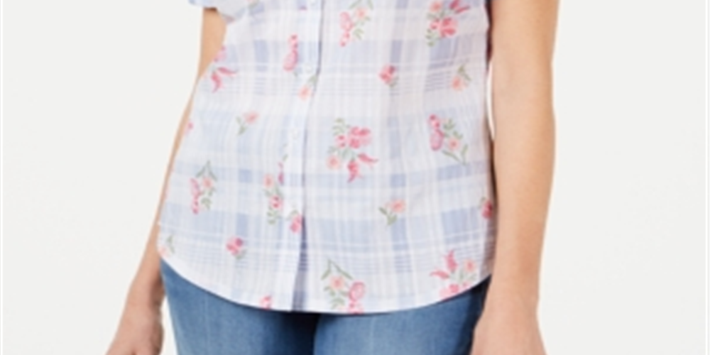 Karen Scott Blusa Feminina Petites Floral Xadrez com Botões Azul Tamanho 44