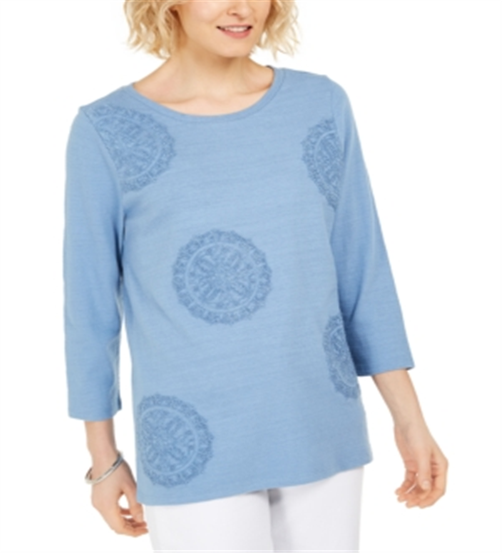 Charter Club Blusa feminina de malha texturizada com decote redondo, tamanho pequeno, azul, extrapequeno