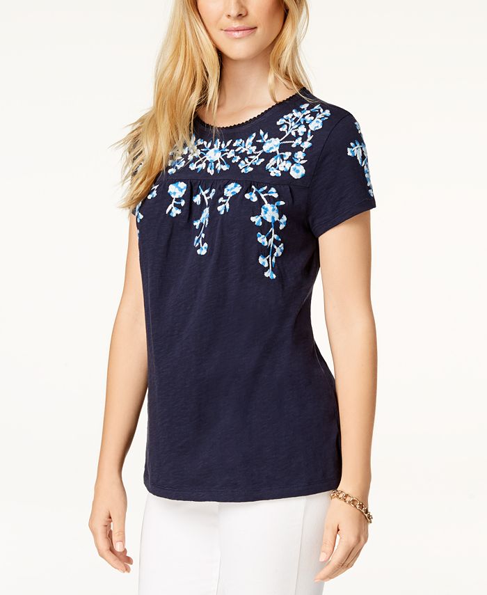 Camiseta Calvin Klein Feminina Estampa Floral de Algodão Azul Tamanho M