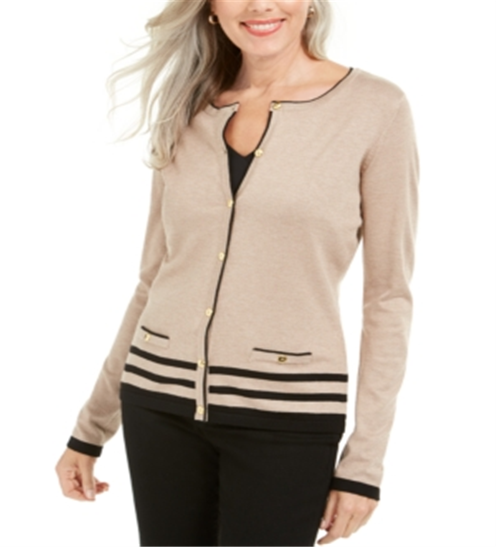 Cardigan feminino Karen Scott com gola redonda, marrom, tamanho XS
