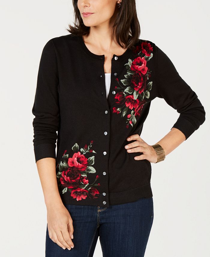 Karen Scott Cardigan Feminino Estampado Floral Preto Tamanho Pequeno P/M
